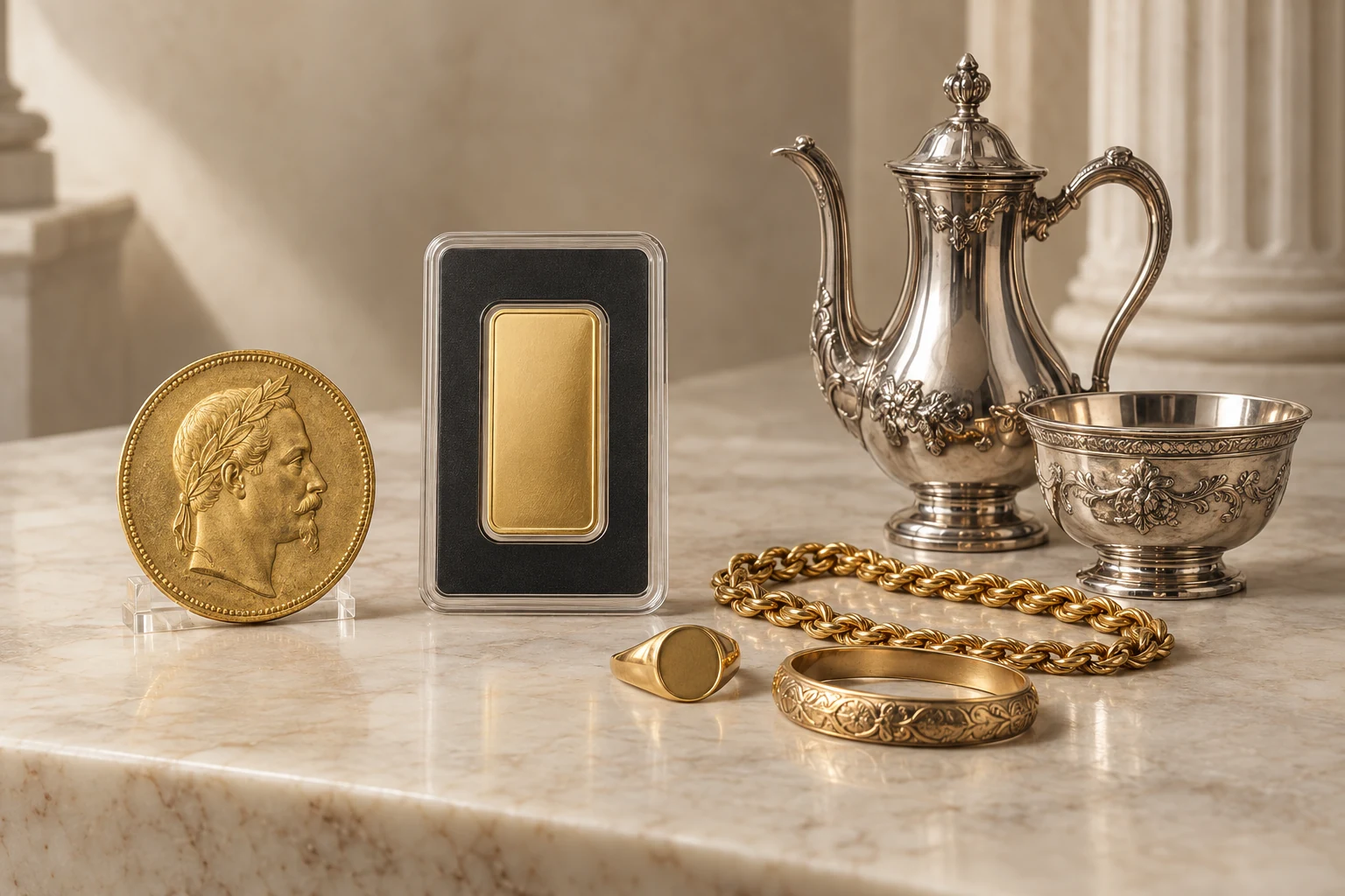 Composizione con moneta, lingotto d’oro, gioielli e argenteria