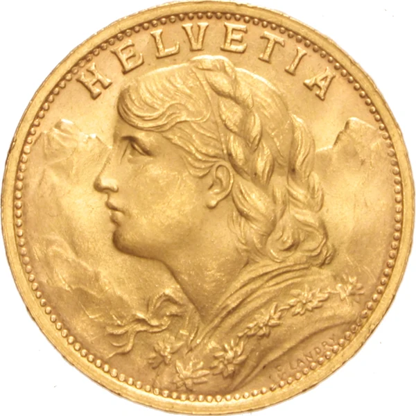 Marengo svizzero in oro con ritratto di Helvetia