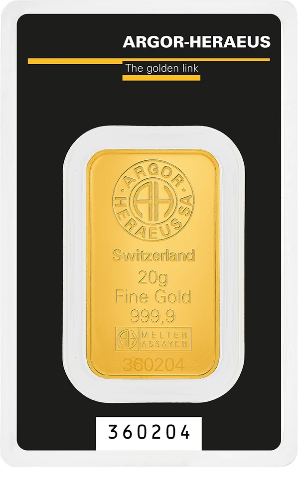 Lingotto Argor-Heraeus da 20 grammi in blister