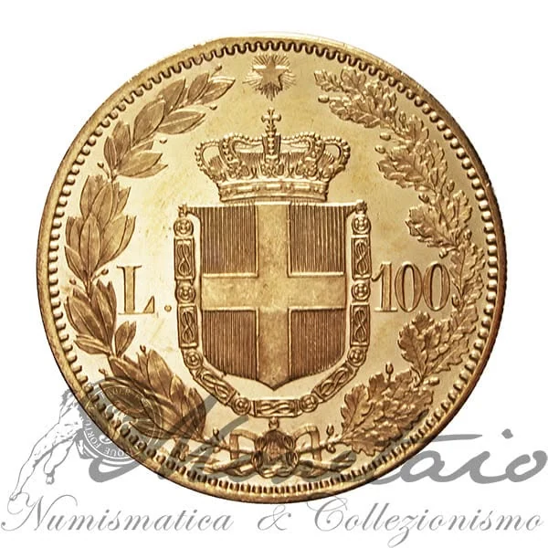 100 Lire in oro di Umberto I con stemma sabaudo